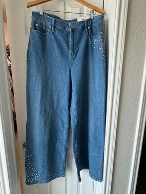Wide Leg Blue Denim Jeans with Stud Detail
